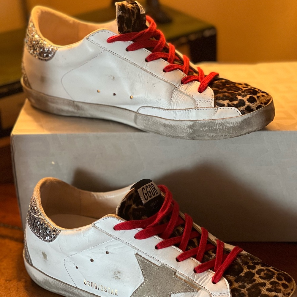Golden Goose White Sneakers and Leopard Accents, red laces *Authentic*
